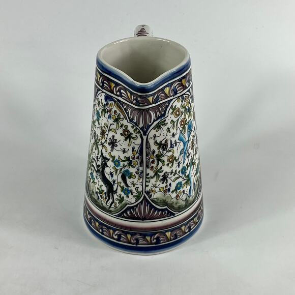 Ceramicas De Coimbra Portugal Pitcher Hand Painted Floral Deer Bird Motif 8" - Picture 2 of 13